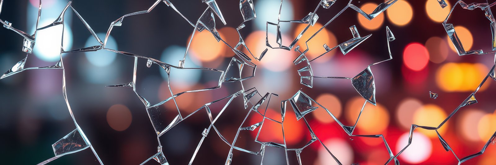 Broken glass with blurred city lights in the background creates an artistic urban atmosphere at night